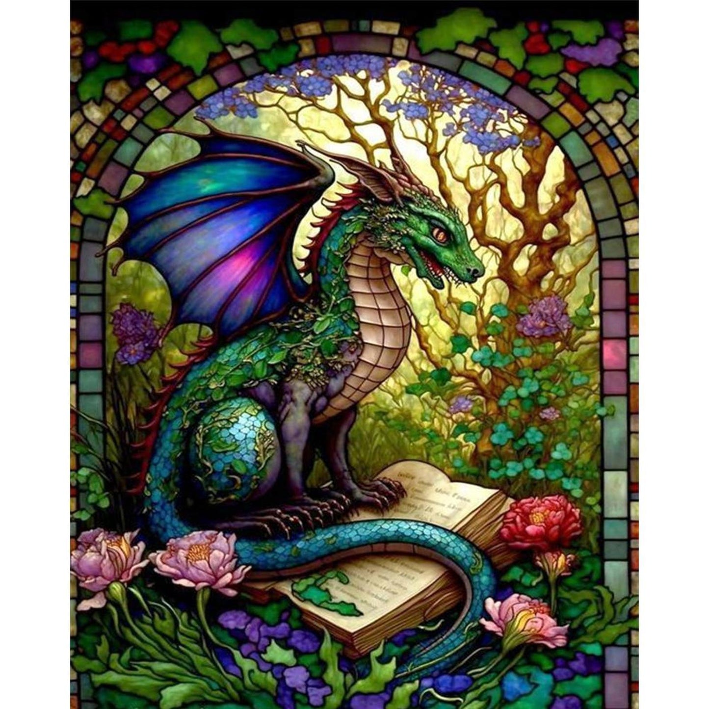 Glass Painting - Reading Pterosaur - Full 14CT Stamped Cross Stitch 45x55CM - Huacan