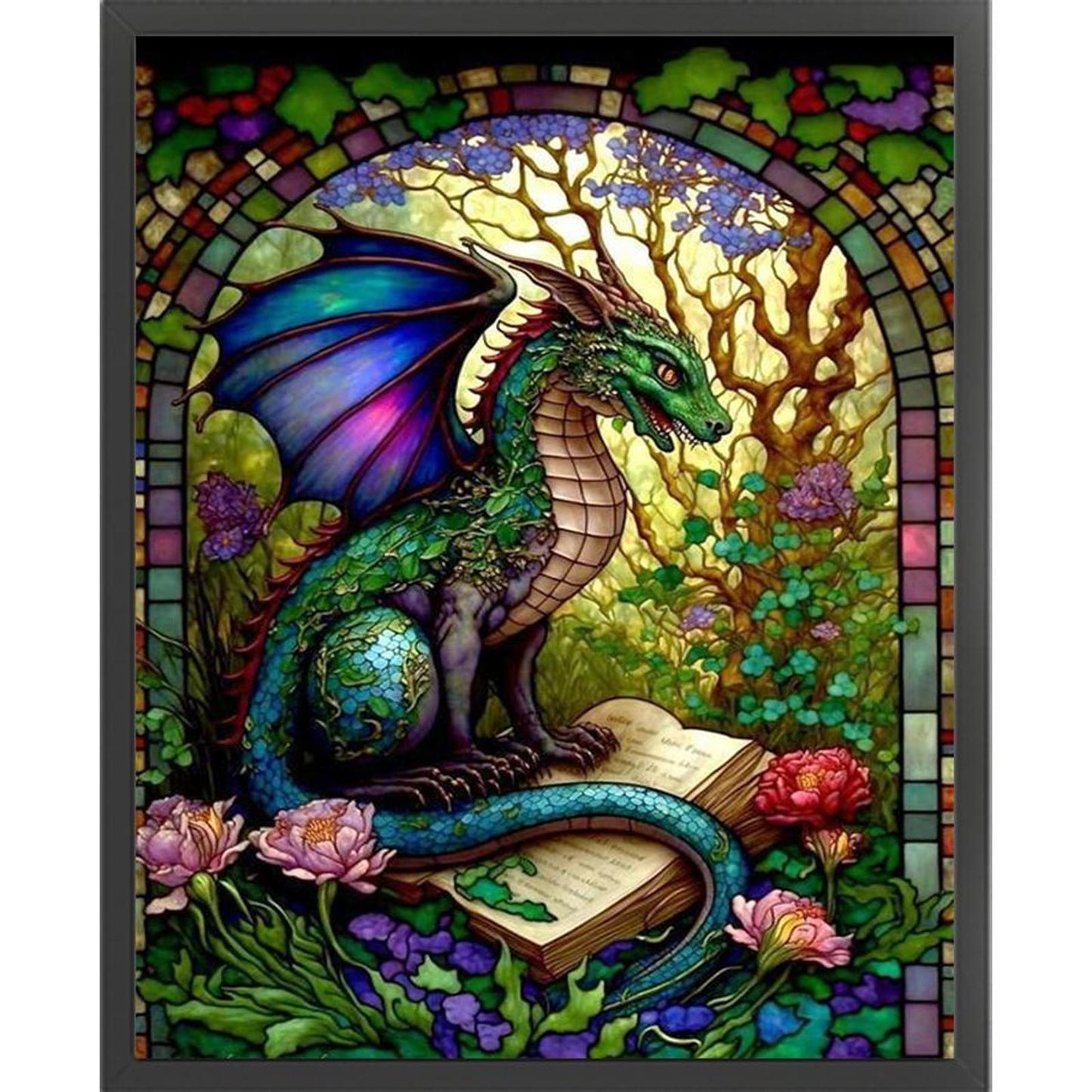 Glass Painting - Reading Pterosaur - Full 14CT Stamped Cross Stitch 45x55CM - Huacan