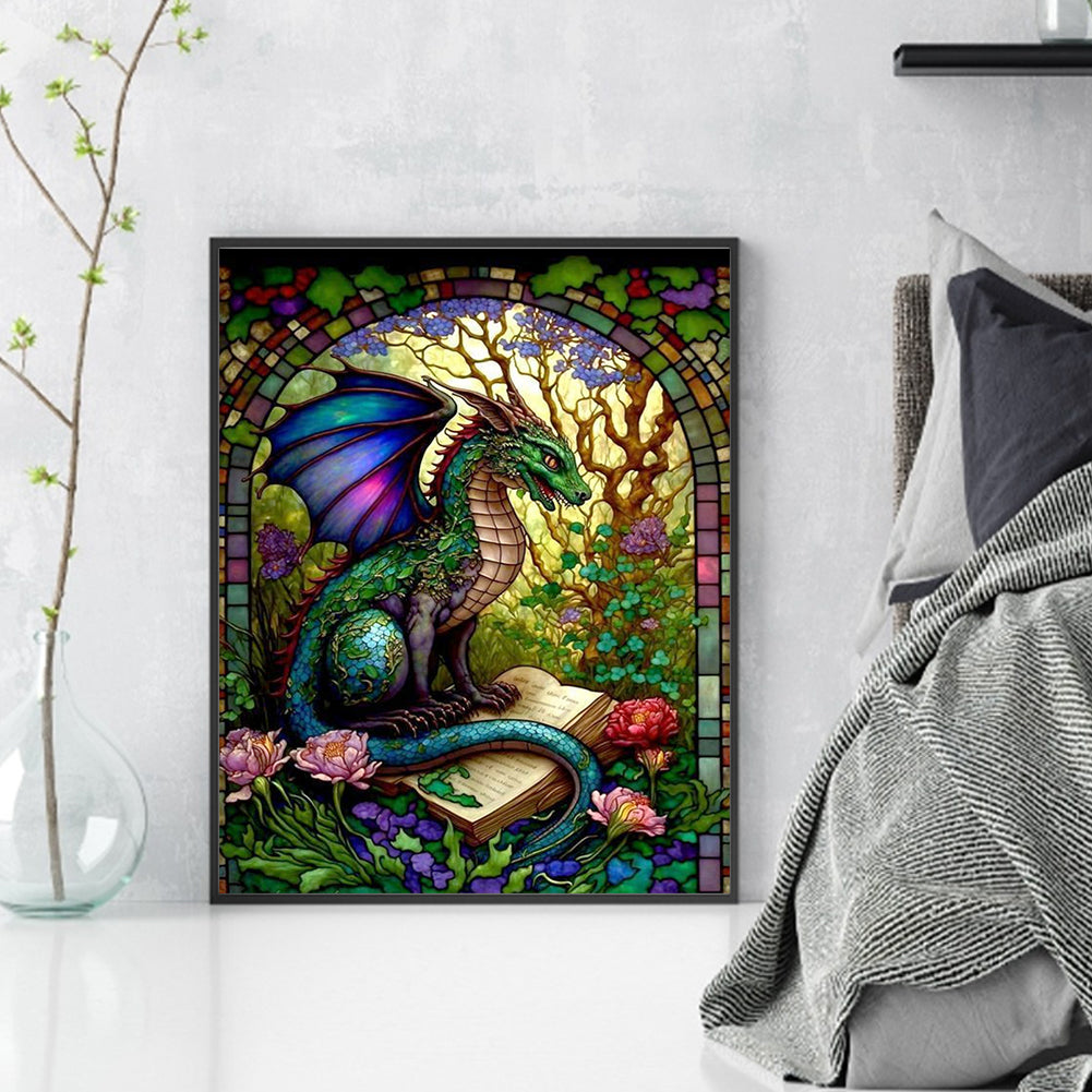Glass Painting - Reading Pterosaur - Full 14CT Stamped Cross Stitch 45x55CM - Huacan