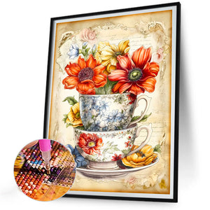 Flowers And Teacups 30*40CM(Canvas) Full Round Drill Diamond Painting