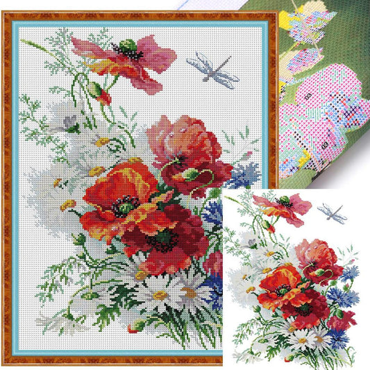 Daisies And Poppies - Partial 14CT Stamped Cross Stitch 35x47CM - Joy Sunday Backstitch