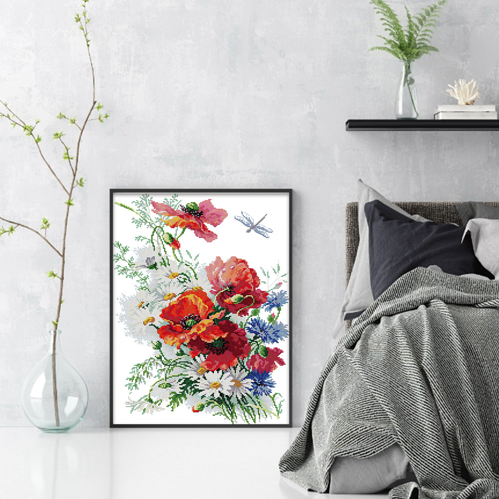 Daisies And Poppies - Partial 14CT Stamped Cross Stitch 35x47CM - Joy Sunday Backstitch