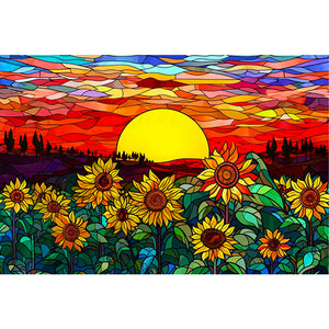 Glass Painting Sunset And Sunflower Field 60*40CM(Canvas) Full Round Drill Diamond Painting