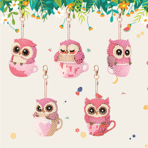 DIY Diamond Art Keychains Double Sided 5pcs Gem Keychains (Cup Owl Hatchling)