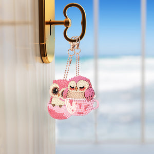 DIY Diamond Art Keychains Double Sided 5pcs Gem Keychains (Cup Owl Hatchling)