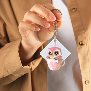 DIY Diamond Art Keychains Double Sided 5pcs Gem Keychains (Cup Owl Hatchling)