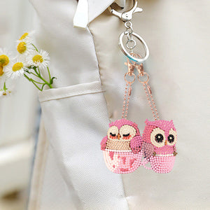 DIY Diamond Art Keychains Double Sided 5pcs Gem Keychains (Cup Owl Hatchling)