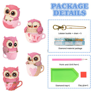 DIY Diamond Art Keychains Double Sided 5pcs Gem Keychains (Cup Owl Hatchling)