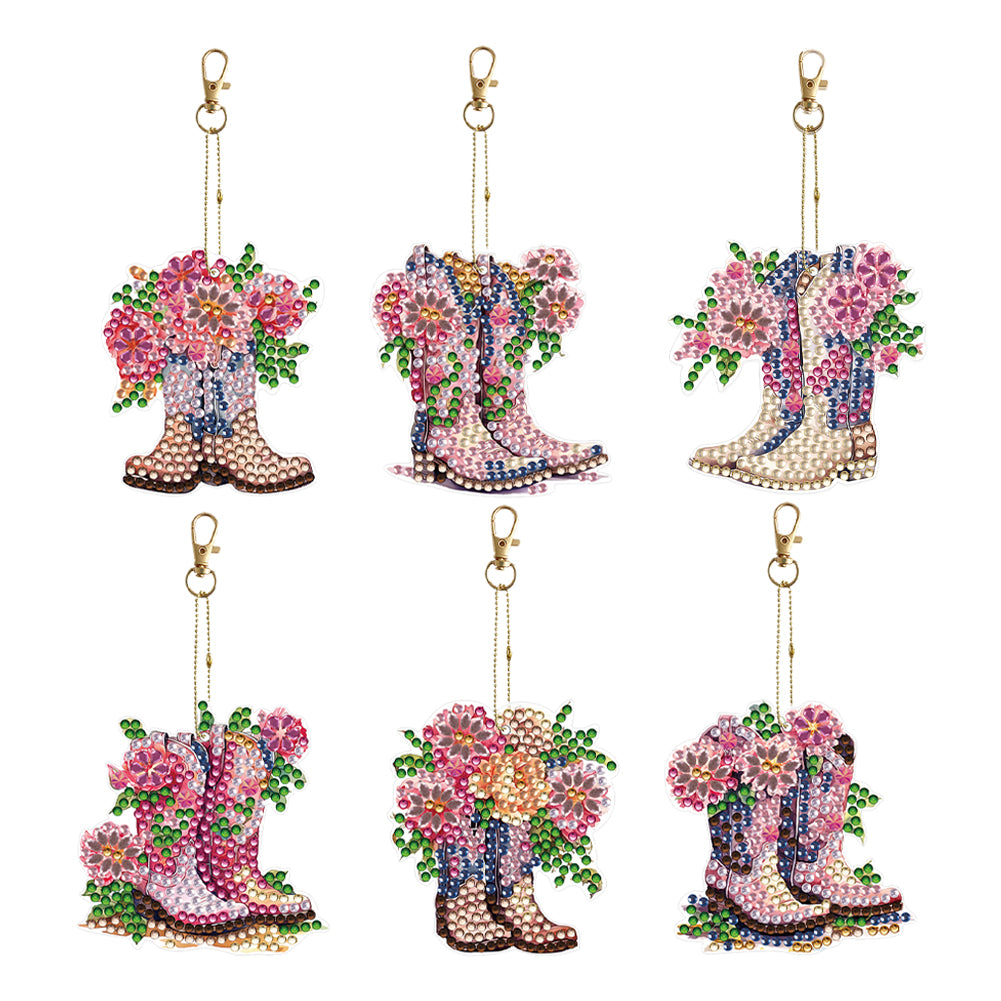 DIY Diamond Art Keychains Cartoon 6pcs (Pink Floral Boots)