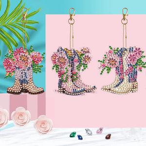 DIY Diamond Art Keychains Cartoon 6pcs (Pink Floral Boots)