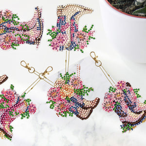 DIY Diamond Art Keychains Cartoon 6pcs (Pink Floral Boots)