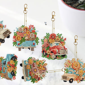 DIY Diamond Art Keychains Cartoon 6pcs (Flower Trolley)