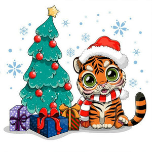 Christmas Tree And Little Tiger 30*30CM(Canvas) Full Round Drill Diamond Painting