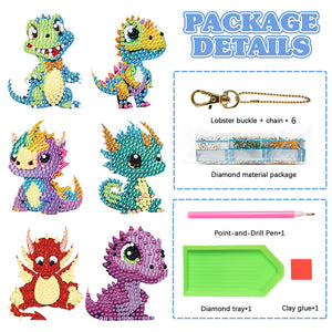 Diamond Dinosaur Key Chains 5PCS DIY Colorful Art Keychain (Multicolored Dragon)