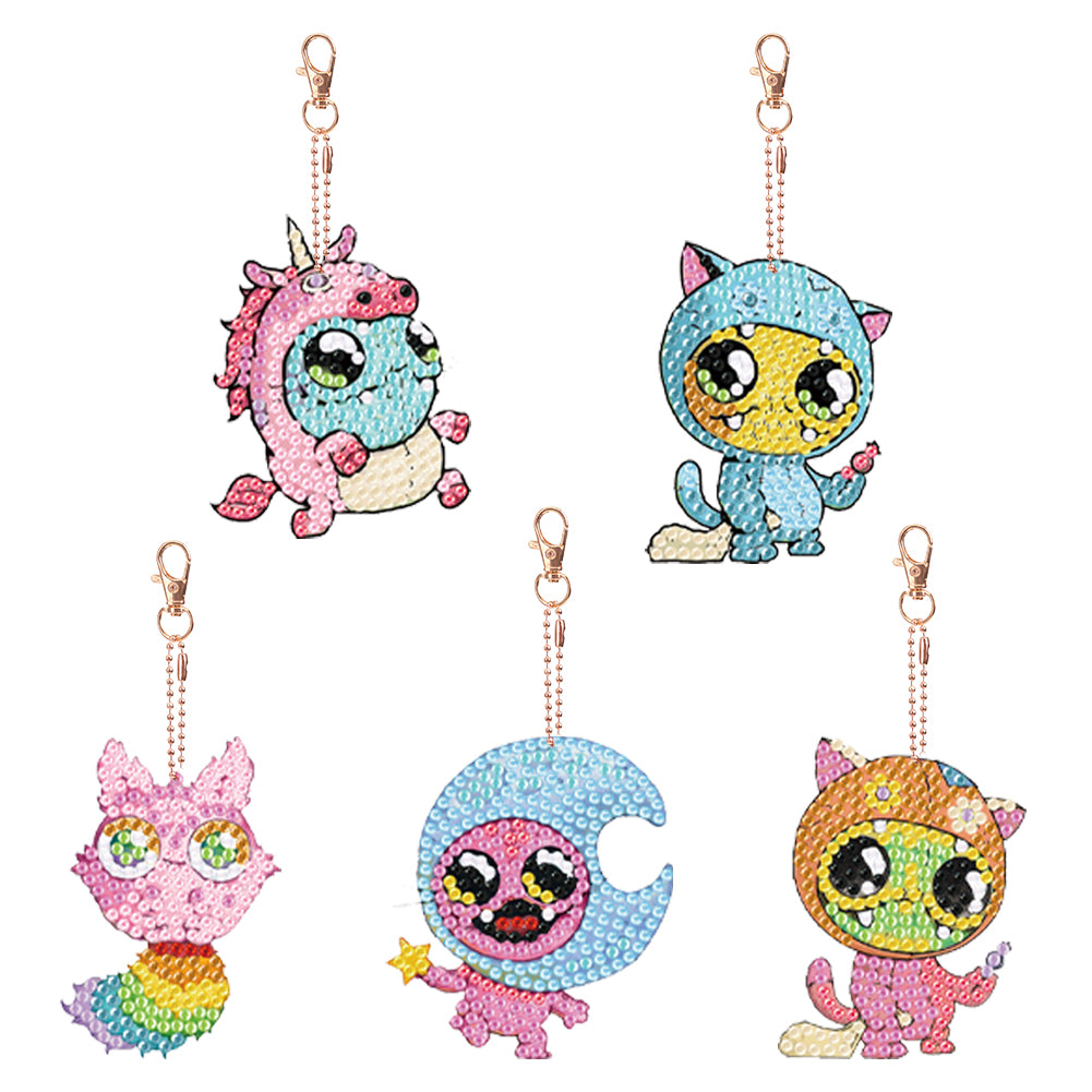 Diamond Dinosaur Key Chains 5PCS DIY Colorful Art Keychain (Little Monster)