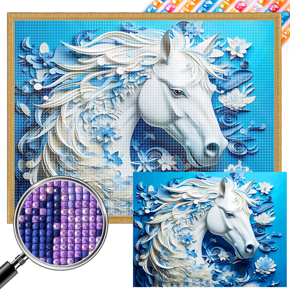 Paper Carved White Horse 40*30CM(Picture) Full Square Drill Diamond Painting