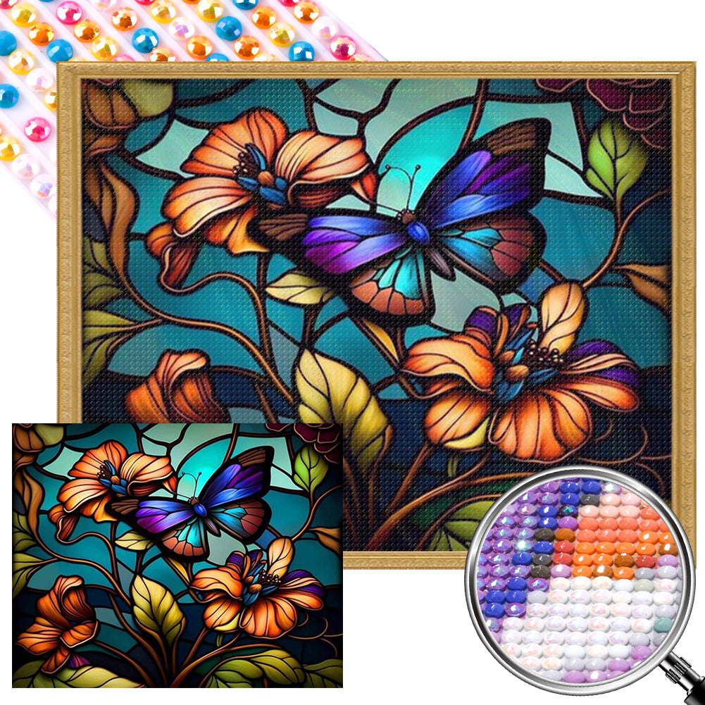 Stained Glass Butterfly 50*40CM(Picture) Full Round Drill Diamond Painting