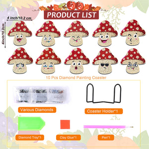 10PCS Halloween Art Diamonds Coaster with Holder DIY (Mushroom Emoticon)