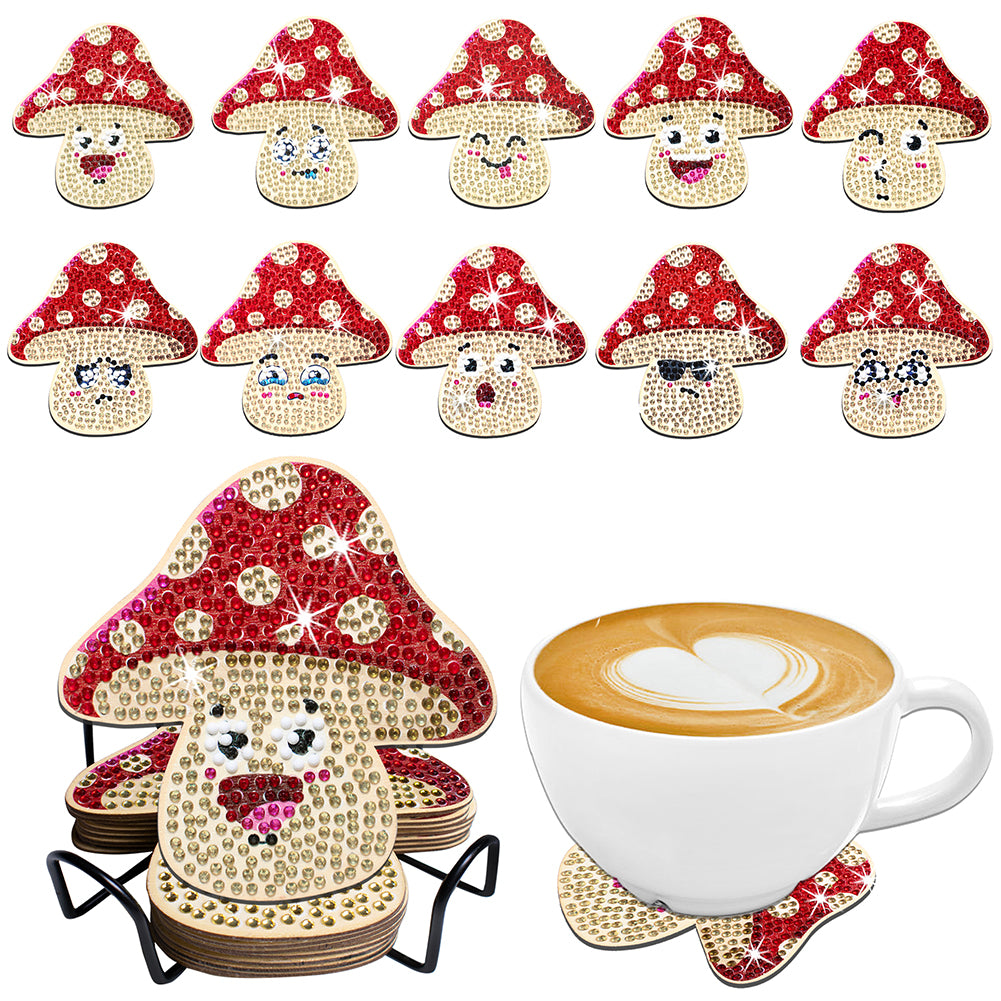 10PCS Halloween Art Diamonds Coaster with Holder DIY (Mushroom Emoticon)
