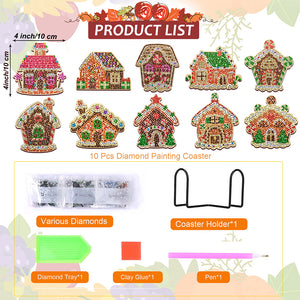 10PCS Halloween Art Diamonds Coaster with Holder DIY (Christmas Cottage)