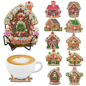 10PCS Halloween Art Diamonds Coaster with Holder DIY (Christmas Cottage)