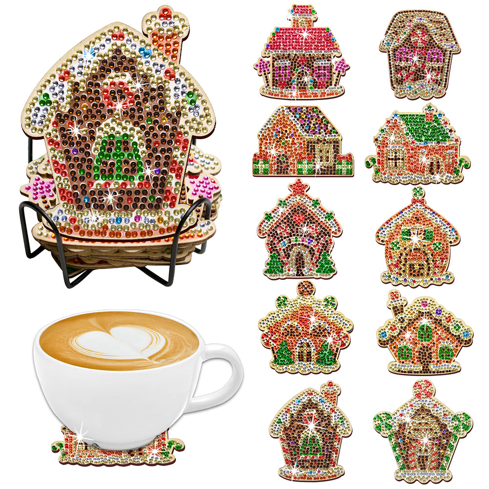 10PCS Halloween Art Diamonds Coaster with Holder DIY (Christmas Cottage)