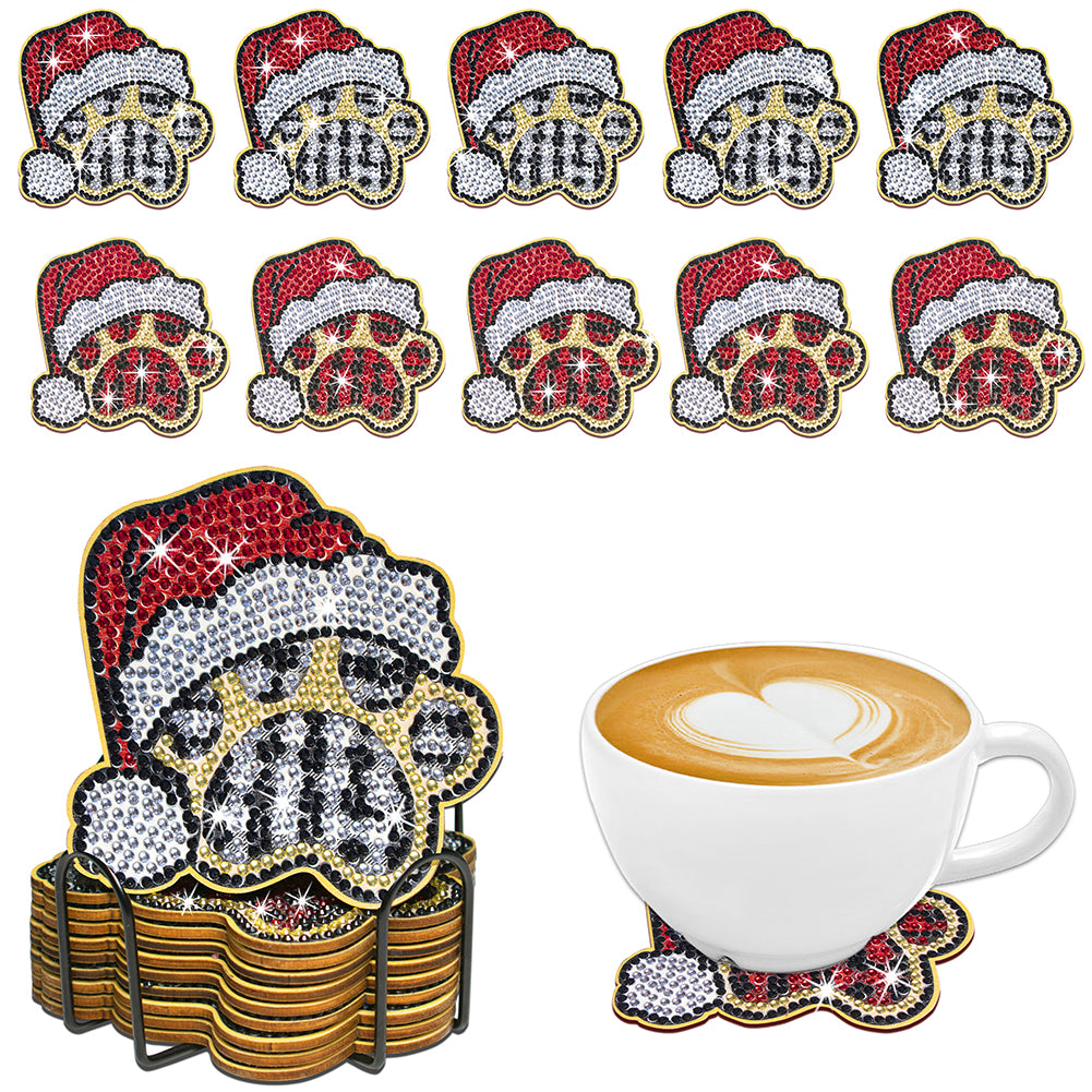 10PCS Halloween Art Diamonds Coaster with Holder DIY (Dog Paw Christmas)