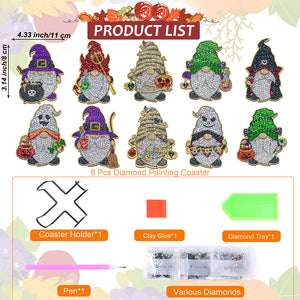 10PCS Halloween Art Diamonds Coaster with Holder DIY (Halloween Gnome)