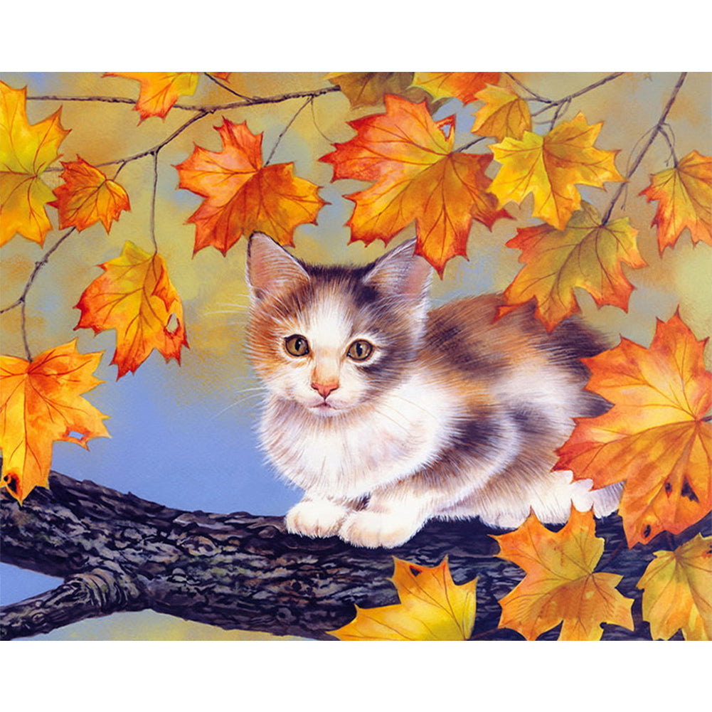 Maple Leaf Cat Autumn Landscape 50*40CM(Canvas) Full Round Drill Diamond Painting