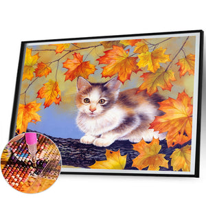 Maple Leaf Cat Autumn Landscape 50*40CM(Canvas) Full Round Drill Diamond Painting