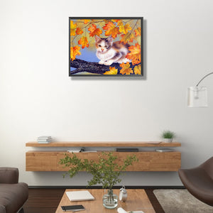 Maple Leaf Cat Autumn Landscape 50*40CM(Canvas) Full Round Drill Diamond Painting