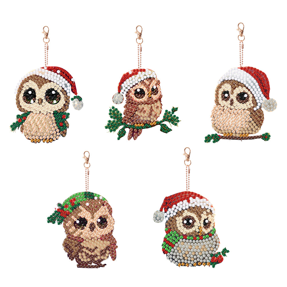 5PCS Diamond DIY Gem Keychain Owl Shaped Double Sided Diamond Full Drill Keyring
