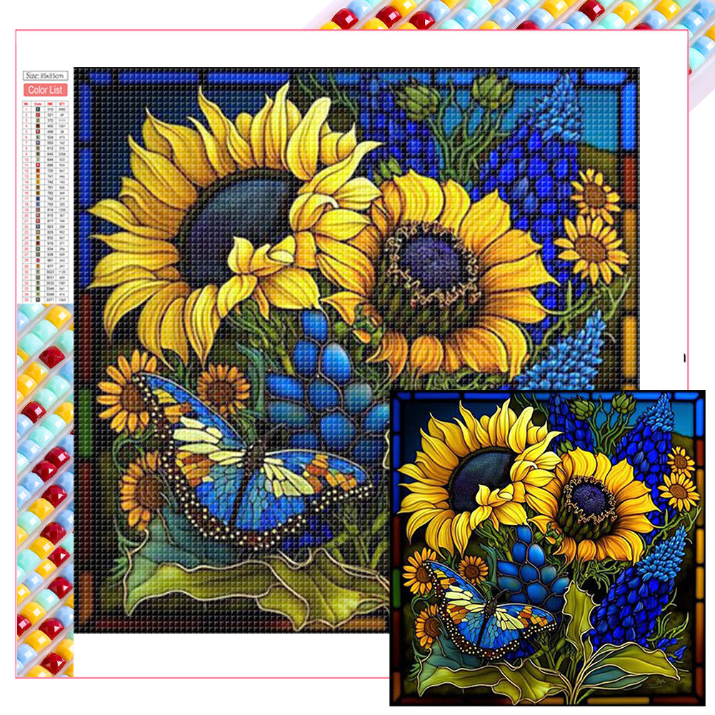 Sunflower Bushes Glass Painting 35*35CM(Picture) Full Square Drill Diamond Painting