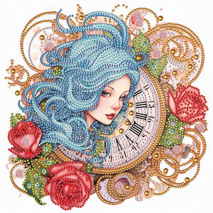 Clock And Blue-Haired Girl 30*30CM(Canvas) Partial Special Shaped Drill Diamond Painting