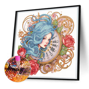 Clock And Blue-Haired Girl 30*30CM(Canvas) Partial Special Shaped Drill Diamond Painting