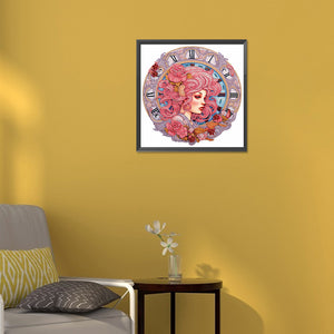 Clock And Pink-Haired Girl 30*30CM(Canvas) Partial Special Shaped Drill Diamond Painting