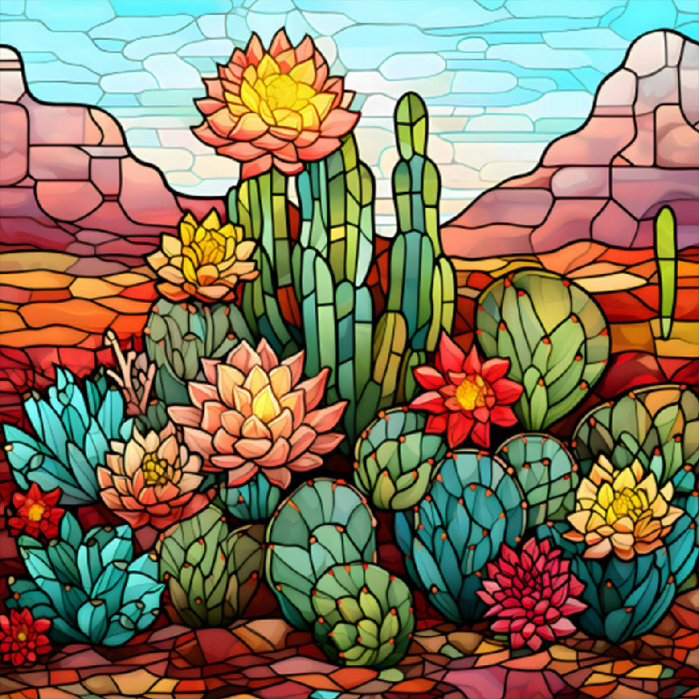 Cactus Flower Glass Painting 30*30CM(Canvas) Full Round Drill Diamond Painting