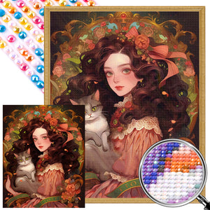 Retro Literary Cat Girl 40*50CM(Picture) Full Round Drill Diamond Painting