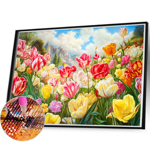 Blooming Tulip Field 60*40CM(Canvas) Full Round Drill Diamond Painting