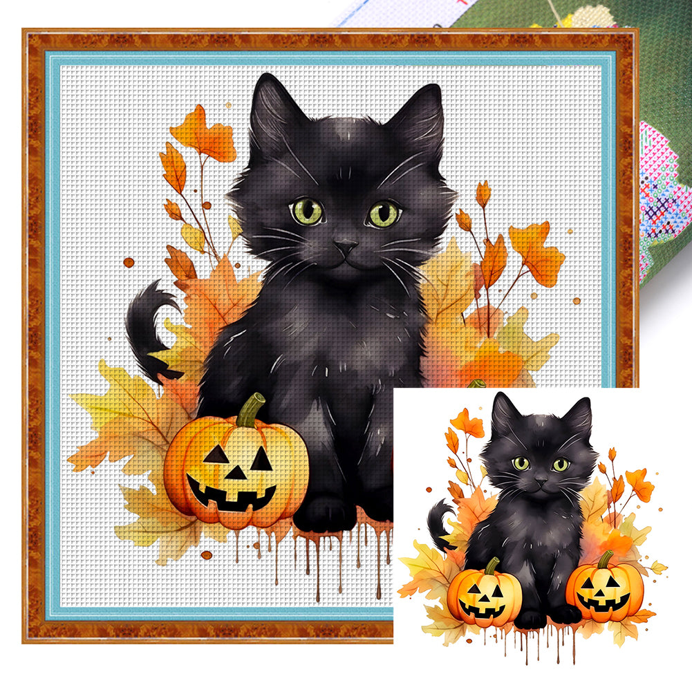 Pumpkin Black Cat (25*25CM ) 18CT 2 Stamped Cross Stitch