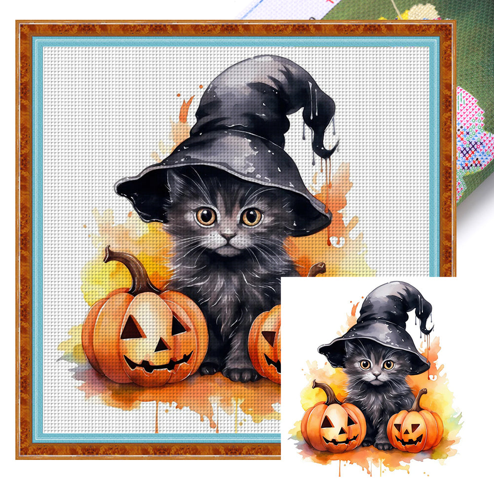 Pumpkin Black Cat (25*25CM ) 18CT 2 Stamped Cross Stitch