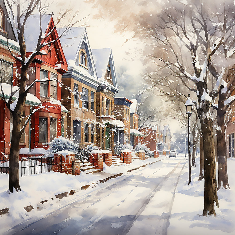 Winter Snow Street 40*40CM(Canvas) Full Round Drill Diamond Painting