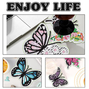 Wooden Diamond DIY Coasters Art Coaster Kits with Holder (Flower Butterfly 6PCS)