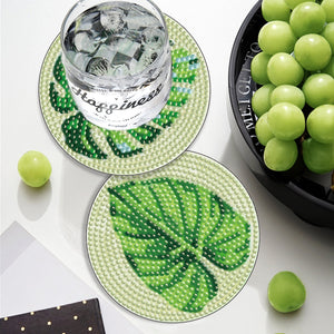 6PCS Diamond Crafts Coasters with Holder Wooden DIY Coaster (Fresh Greenery)