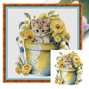 Teacup Flower Cat (50*50CM ) 11CT 3 Stamped Cross Stitch