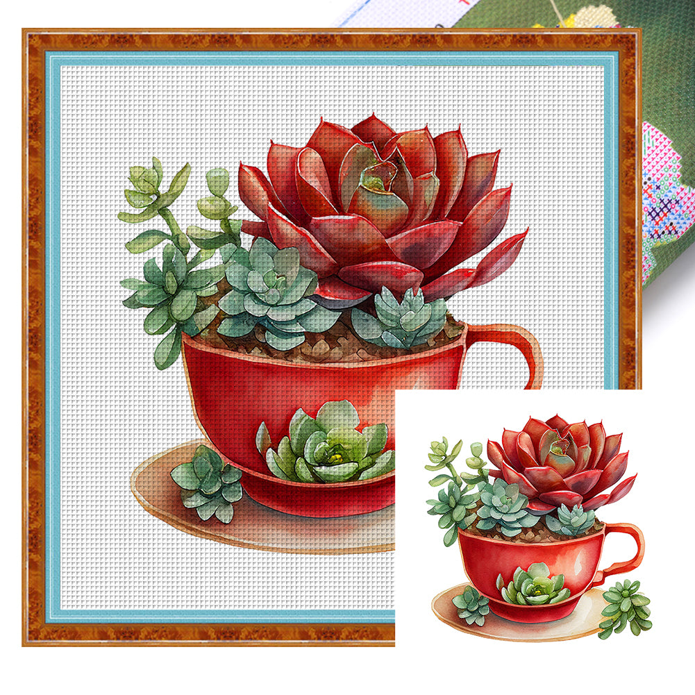 Teacup Succulent (50*50CM ) 11CT 3 Stamped Cross Stitch