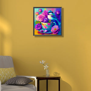 The Bird On The Teacup¡¤Purple Blue 40*40CM(Canvas) Full Round Drill Diamond Painting