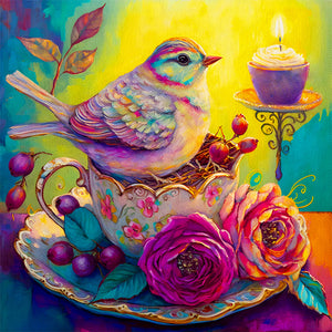 The Bird On The Teacup¡¤Yellow Green 40*40CM(Canvas) Full Round Drill Diamond Painting