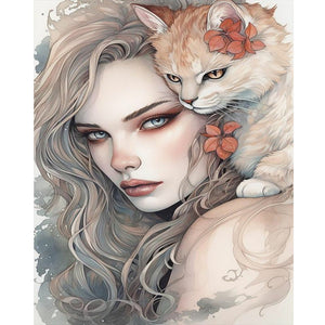 Cat And Girl 40*50CM(Canvas) Full Round Drill Diamond Painting
