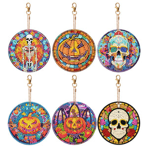 6PCS Diamond Painting Keychains Glass Skull Double Sided Glass Pumpkin Halloween